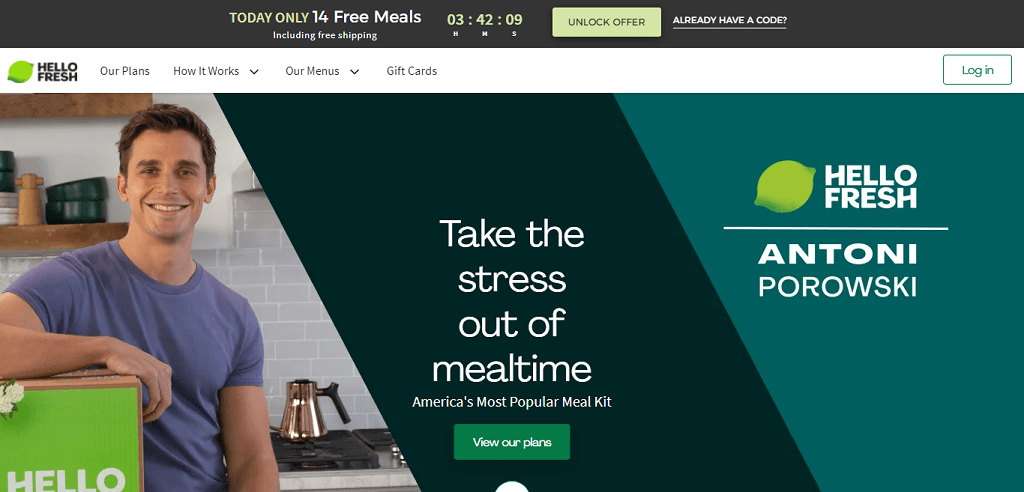 screen capture of Hello Fresh's homepage to show their unique selling proposition 