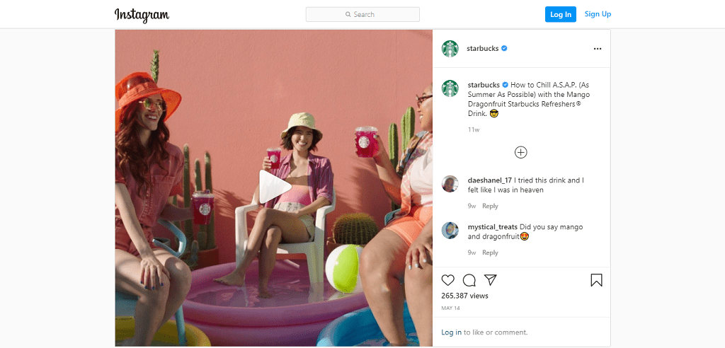 screen capture of Starbuck's instagram post to show their unique selling proposition 