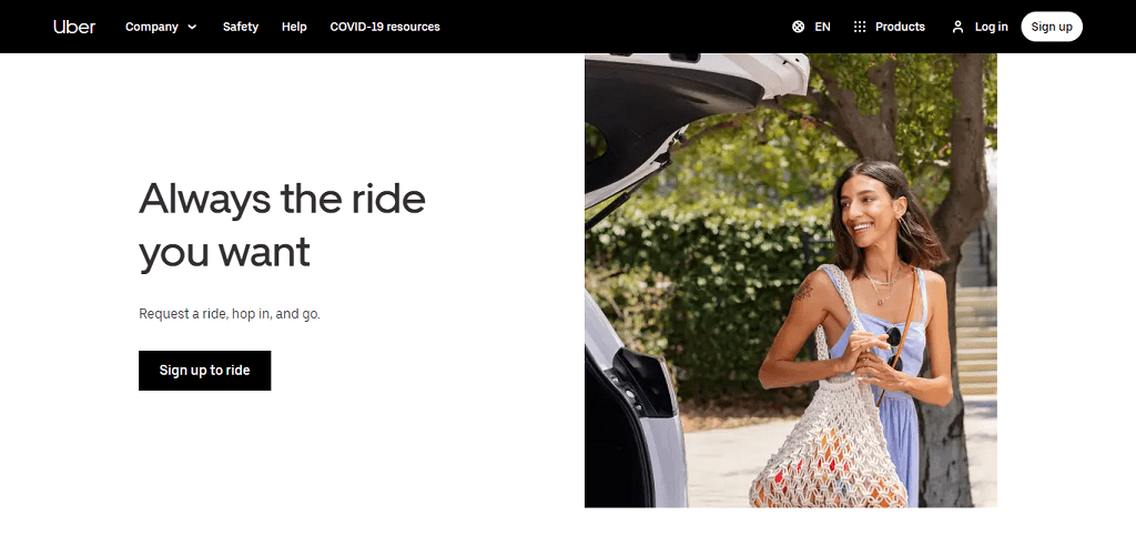 screen capture of Uber's homepage to show their unique selling proposition 