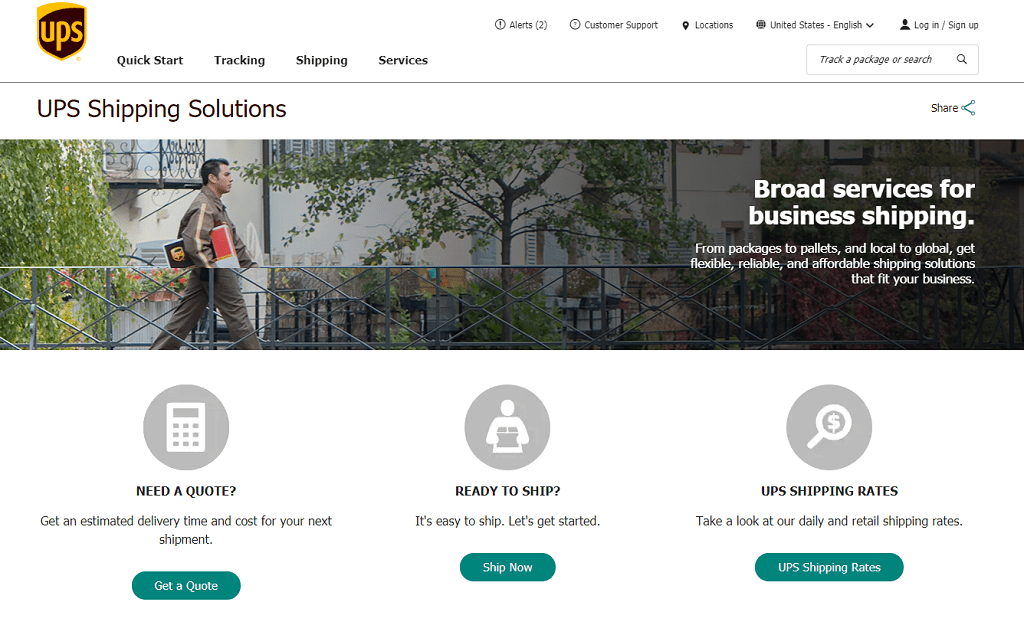 screen capture of UPS's homepage to show their unique selling proposition 